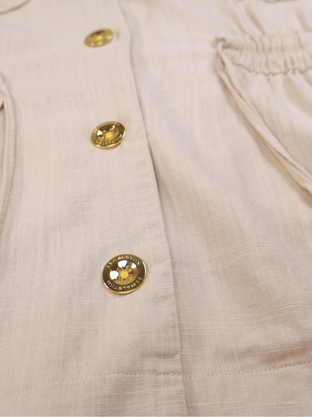 Halston Heritage Beige Utility Safari Top Small Linen Blend Gold Button Shirt - Picture 5 of 8